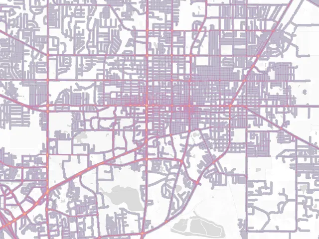 Gradient risk map of Gainesville, every street shaded by risk
