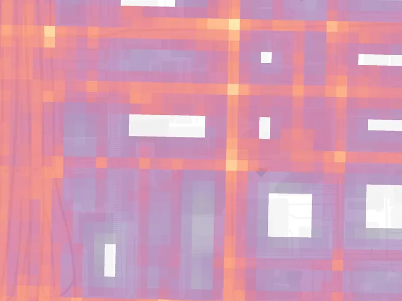 Gradient risk map of downtown Orlando at street scale, with the brightest squares on the riskiest intersections